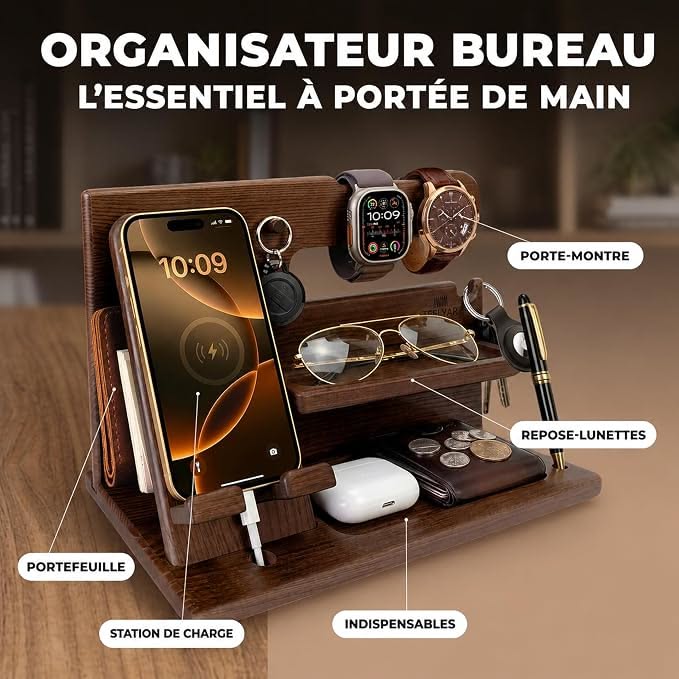 Organisateur de Bureau en Bois — Support Téléphone et Montre